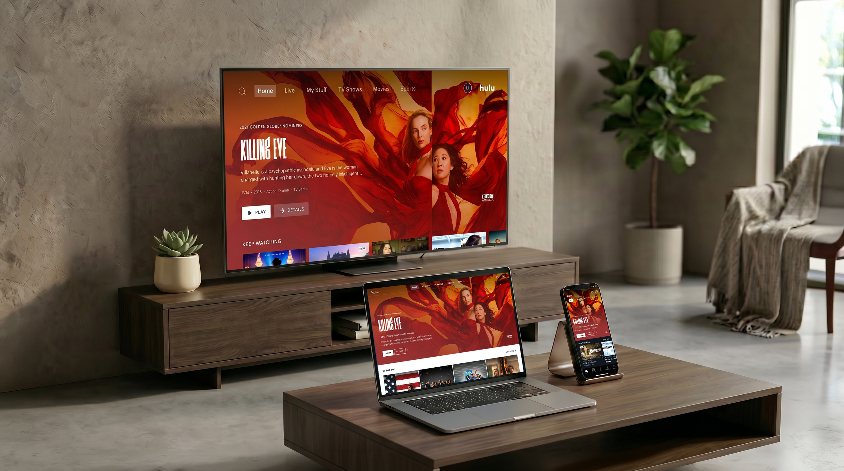 Hulu redesign shown across TV, web, and mobile devices
