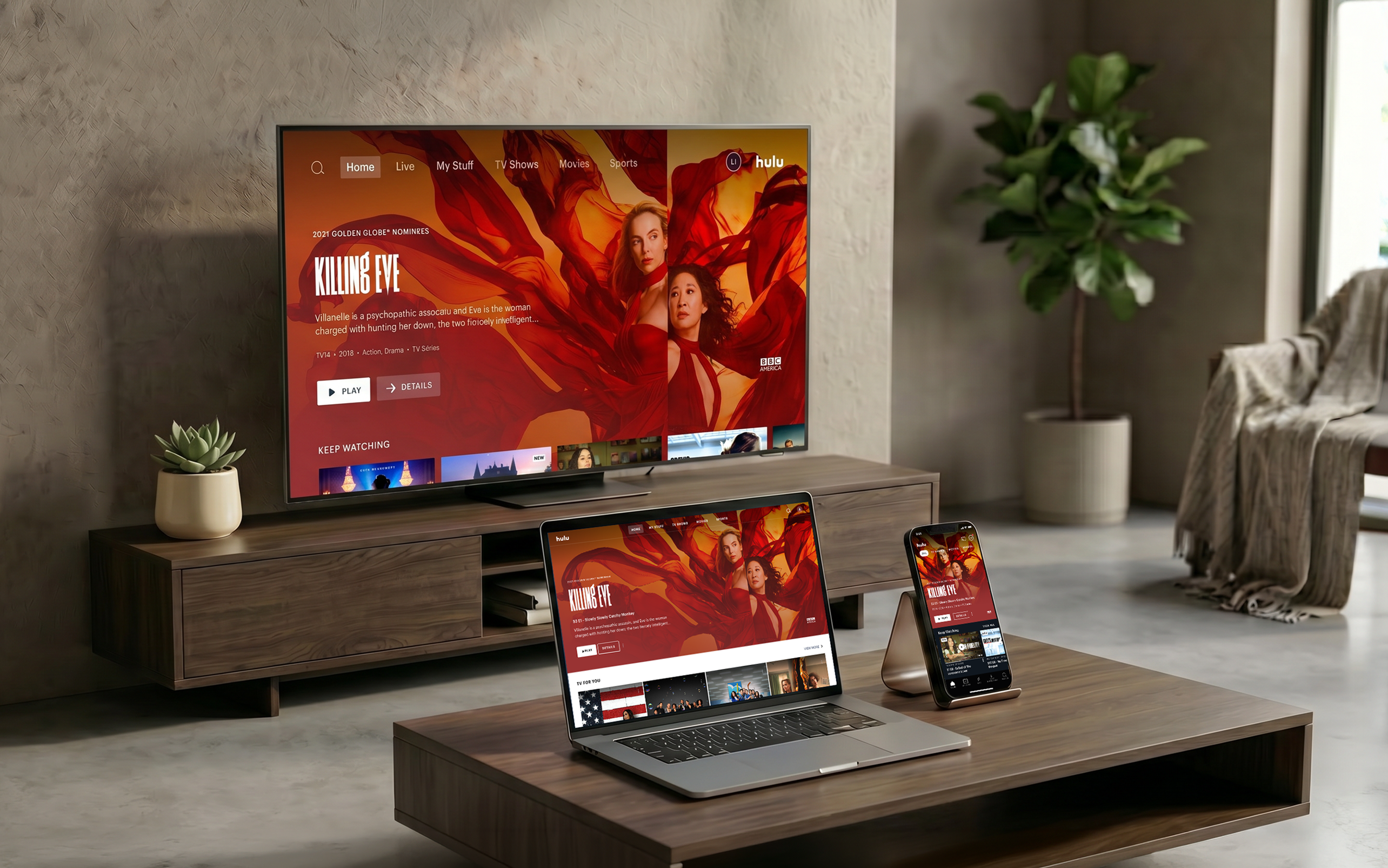 Hulu redesign shown across TV, web, and mobile devices