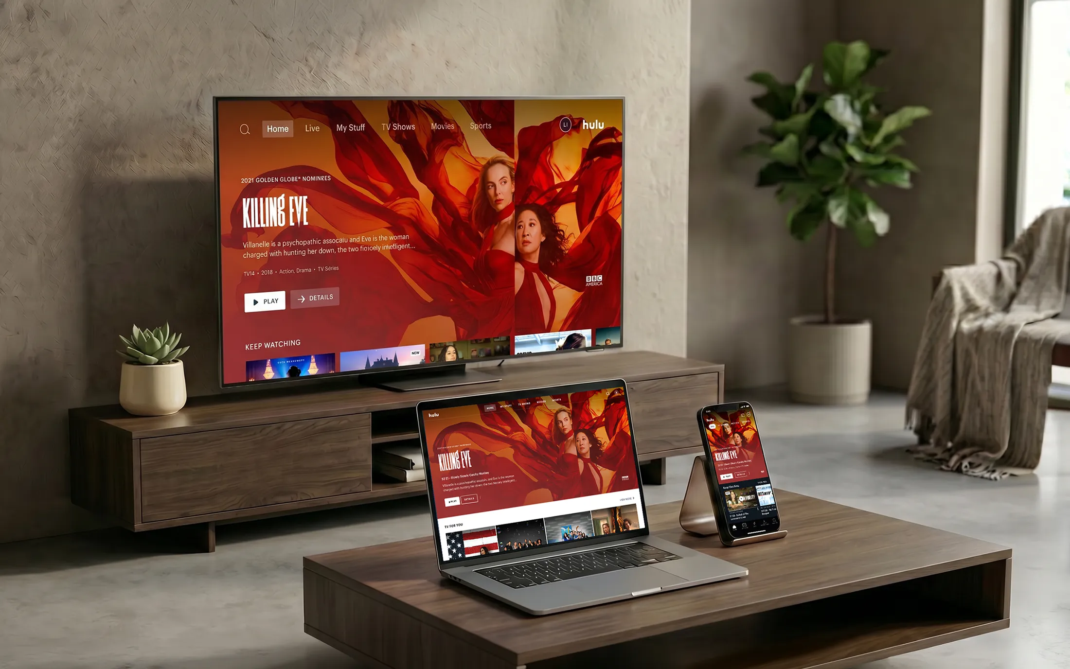 Hulu redesign shown across TV, web, and mobile devices
